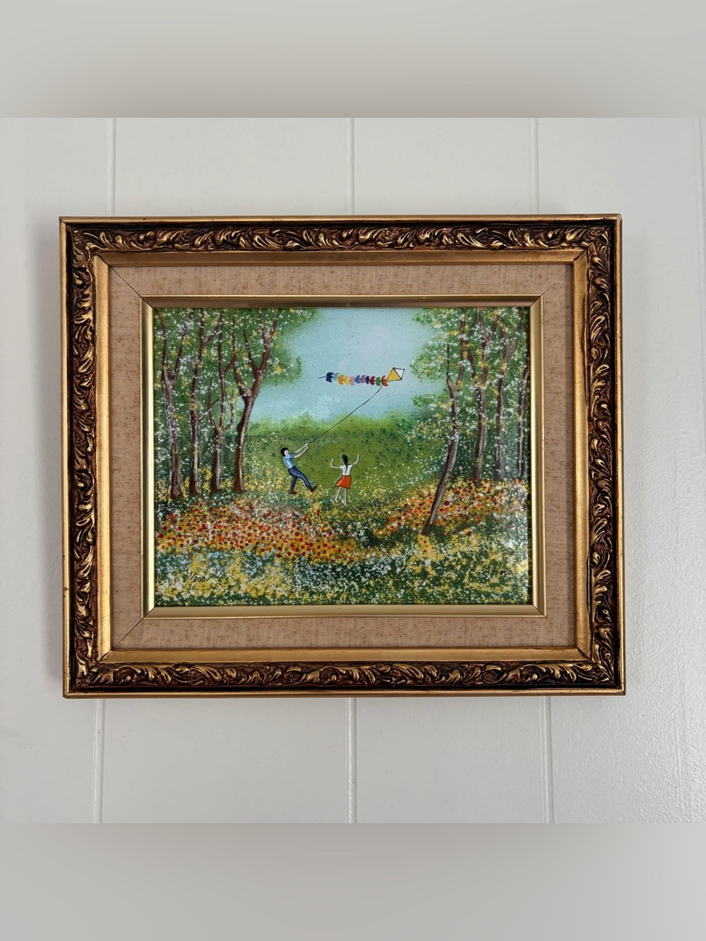 Vintage Enamel on Copper Landscape Painting Signed Anna 8x10 Mid-Century Framed